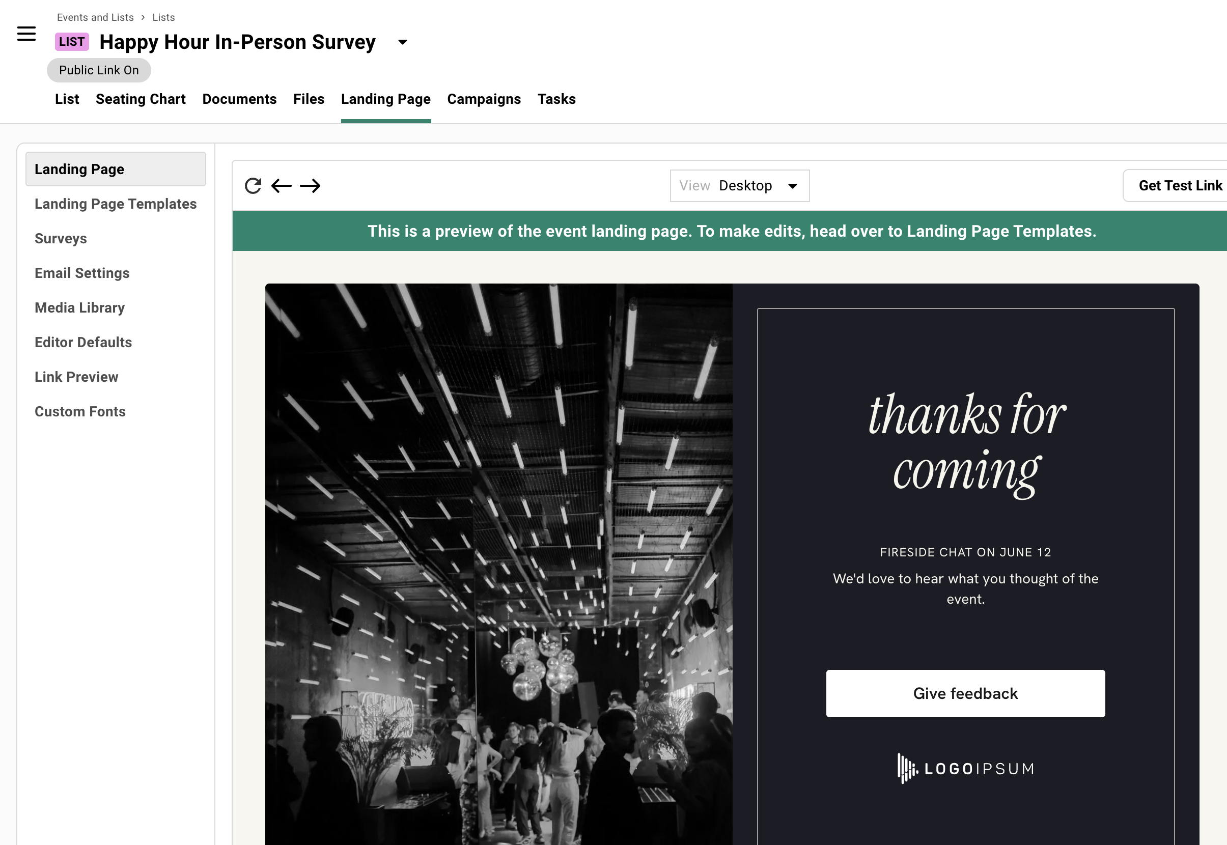 Screenshot of a landing page you can use in a Gatsby contact list to collect feedback about your event 
