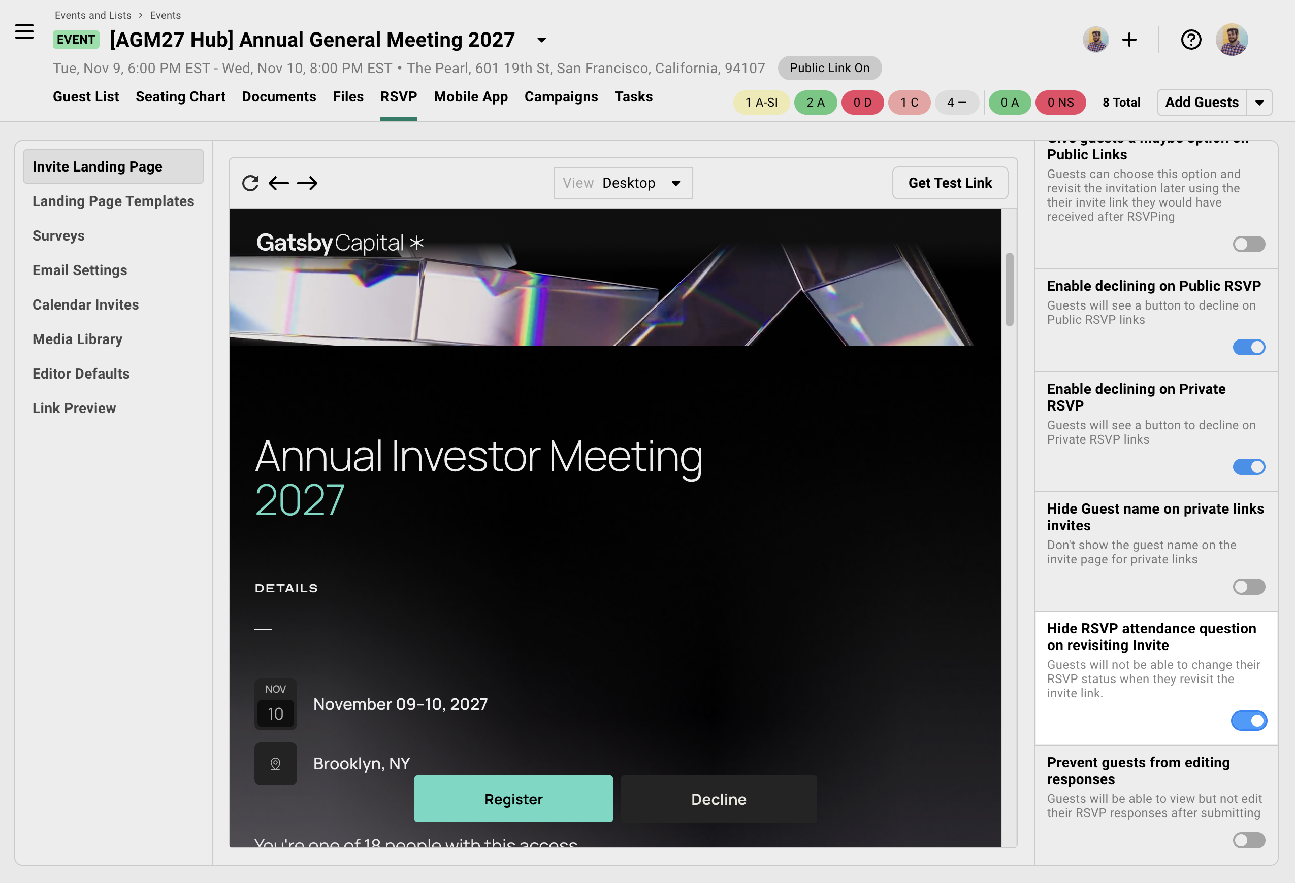 Screenshot showing registration options with Hide RSVP attendance question toggle